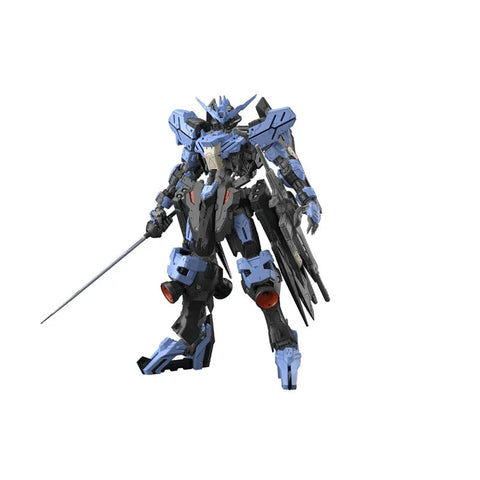 Blue and black Gundam model robot figure with sword, collectible toy on white background