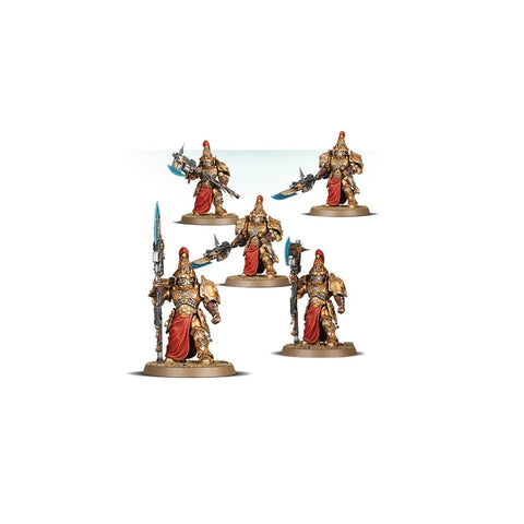 Five gold-armored Adeptus Custodes Custodian Wardens miniatures with red capes and weapons