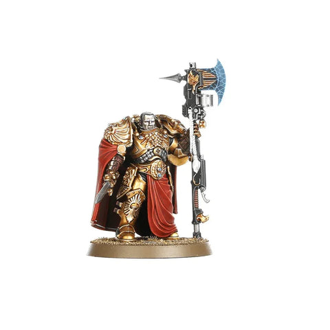 Gold armored fantasy miniature figure with red cape and halberd on display base