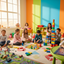 Group of kids playing with toys and board games in a bright, colorful playroom