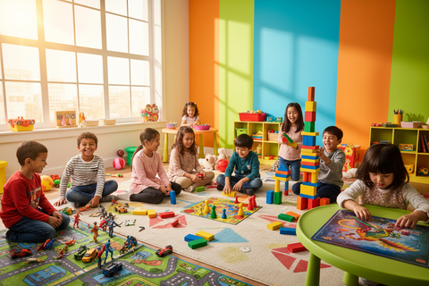 Group of kids playing with toys and board games in a bright, colorful playroom