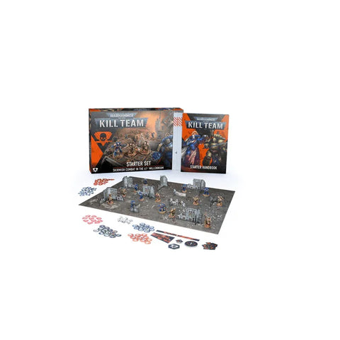 Warhammer Kill Team starter set with game board, miniatures, tokens, and rulebook