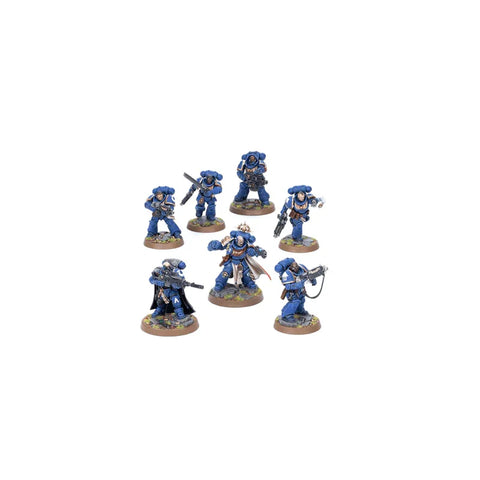 Set of seven blue sci-fi miniature figures on round bases, tabletop wargaming models