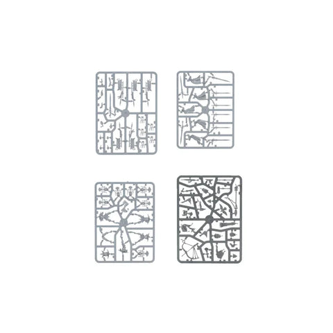 Warhammer plastic model sprues with miniature parts on white background