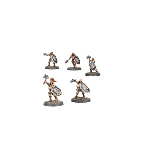 Painted fantasy miniature figures with armor, shields, and hammers on display bases