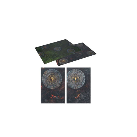 Warhammer Age of Sigmar game boards with fantasy terrain designs and detailed map tiles