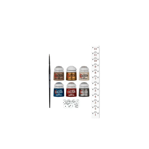 Miniature painting starter set with six paint pots, paintbrush, ruler, and dice.