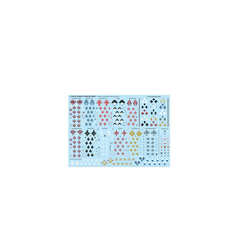 Cities of Sigmar transfer sheet with colorful tabletop game decals on a blue background