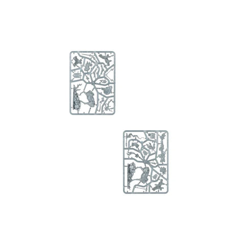 Two plastic model sprues for tabletop miniature assembly, parts visible on white background