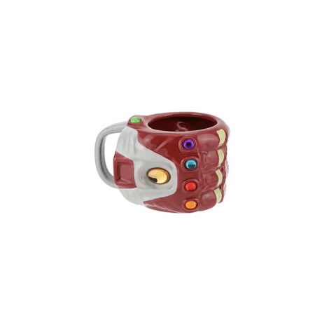 Red ceramic mug shaped like a superhero gauntlet with colorful gem details