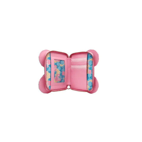 Pink macaron-shaped purse with mouse ear accents, card slots, and pastel patterned interior.