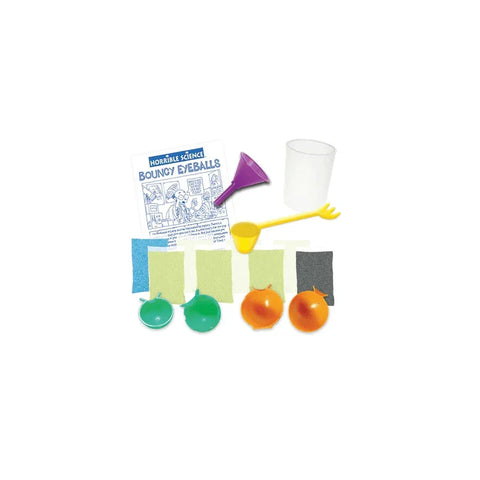 Horrible Science Bouncy Eyeballs kit with molds, powders, tools, and instruction sheet