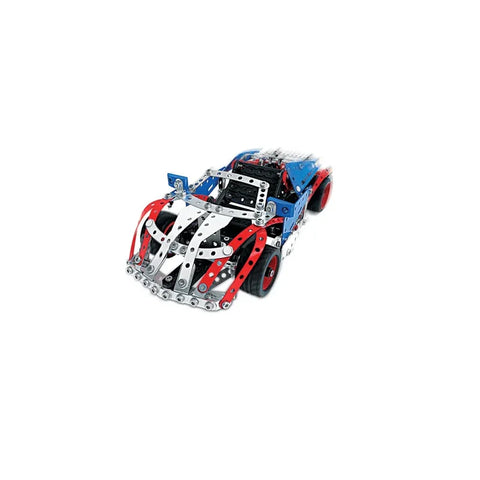 Metal construction toy car model with red, blue, and white parts on a white background