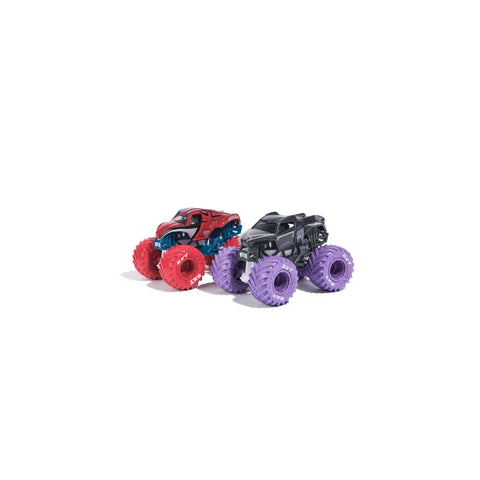 Spider-Man and Black Panther themed monster truck toy cars with colorful tires