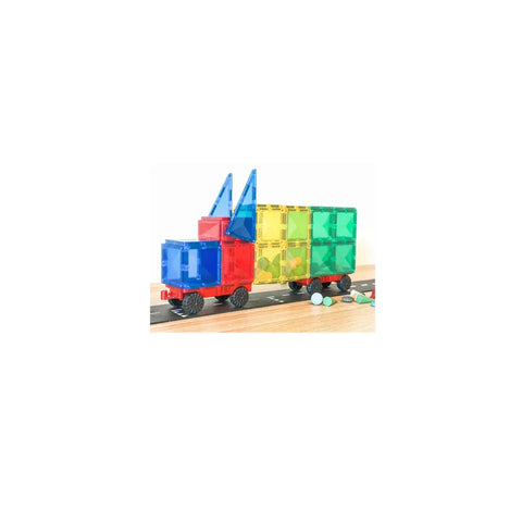 Colorful magnetic tiles truck toy on wooden surface with play accessories