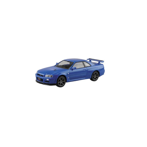 Die-cast blue Nissan Skyline GT-R R34 toy car collectible with black wheels on white background