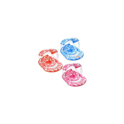 Three inflatable junior swim rings with seats and canopies in blue, red, and pink.