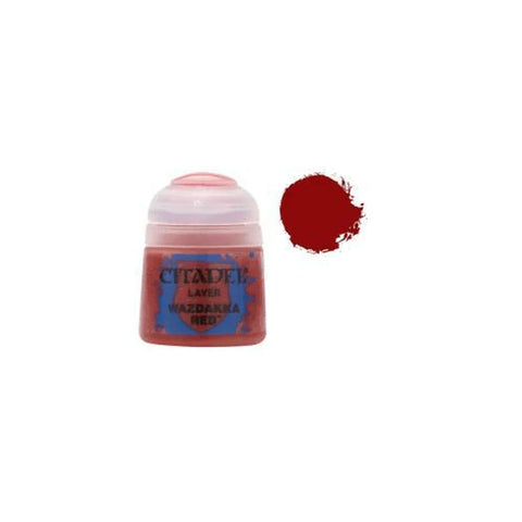 Citadel Layer Wazdakka Red miniature paint pot with matching red paint swatch
