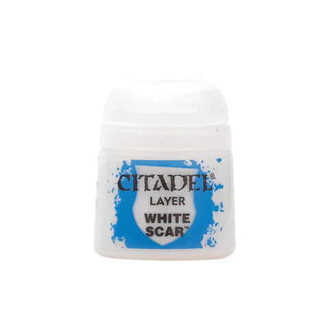 Citadel Layer White Scar miniature paint pot with blue and white label for model painting