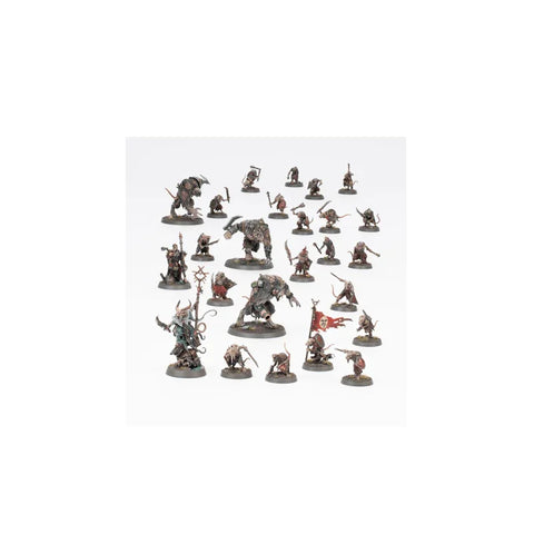 Painted Warhammer Age of Sigmar Skaven army miniatures on white background