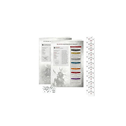 Warhammer Age of Sigmar reference sheets, dice, and ruler for tabletop gaming starter set