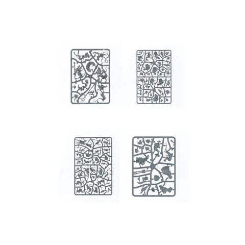 Four grey plastic model sprues for tabletop miniature assembly on a white background.