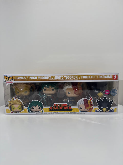 My Hero Academia Funko Pop 4-pack with Hawks, Izuku Midoriya, Shoto Todoroki, Fumikage Tokoyami figures.