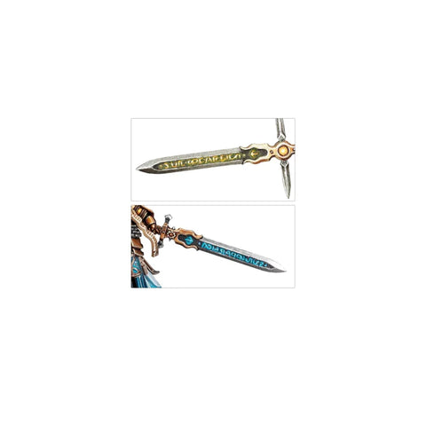 Close-up of ornate fantasy swords with glowing runes, ideal for collectible miniatures or tabletop games.