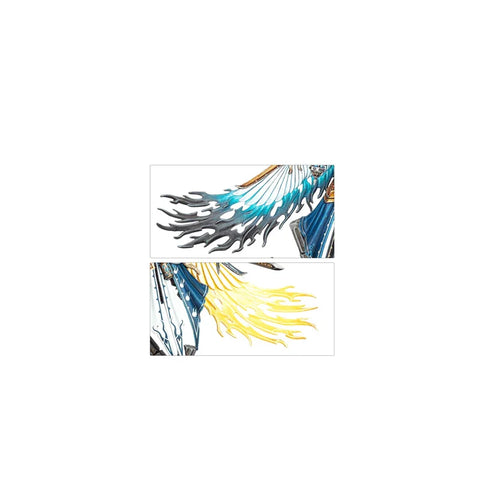 Close-up of miniature collectible wings, featuring blue-black and yellow flame details.