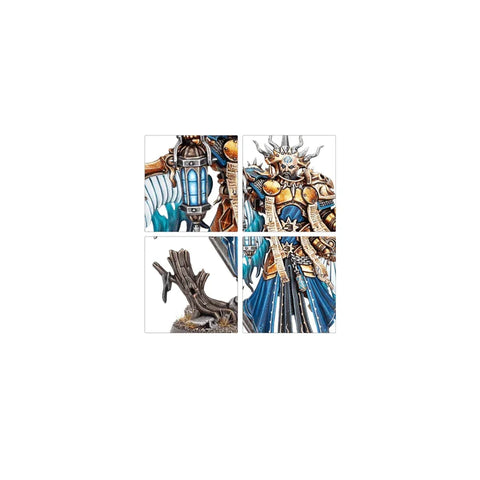 Stormcast Eternals fantasy miniature with gold armor, blue robes, and detailed base