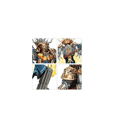 Close-up painted fantasy armored miniatures with gold and blue details, collectible toy figure.
