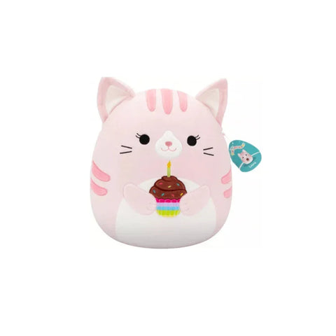 Plush pink cat Squishmallow holding a birthday cupcake toy, collectible stuffed animal