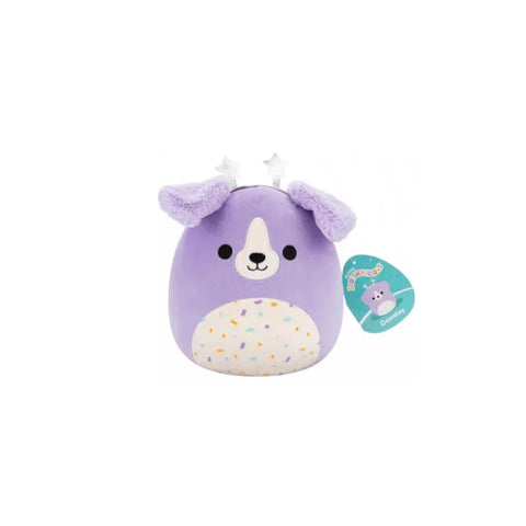 Purple Squishmallow dog plush toy with star headband and confetti belly, collectible soft toy