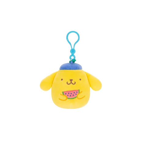 Yellow plush clip-on toy with blue hat, holding a watermelon slice, on white background