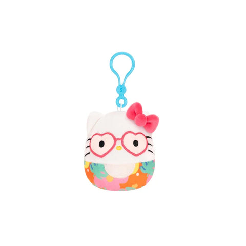 Cute Hello Kitty plush keychain with heart glasses and floral pattern, clip-on toy collectible.