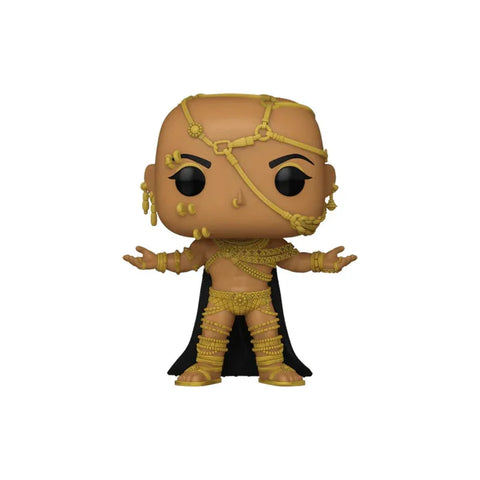 Collectible pop vinyl figure with gold accessories and black cape, toy figurine for display