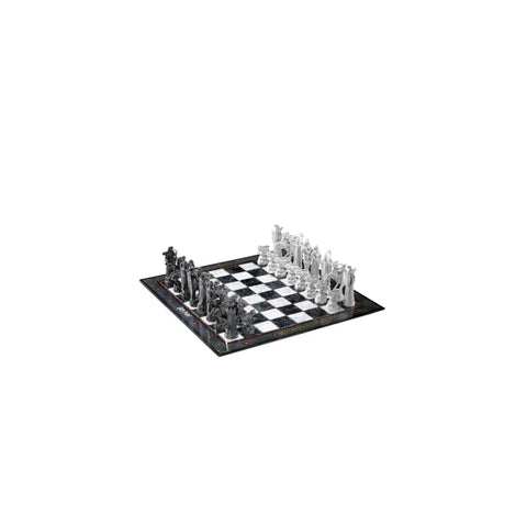 Harry Potter themed wizard chess set with detailed black and white pieces on chessboard