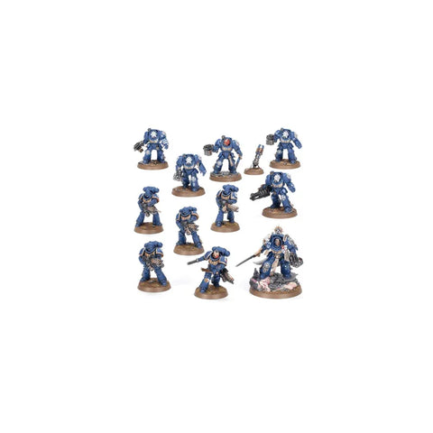 Blue Warhammer 40,000 miniature figures set with detailed bases for tabletop gaming.