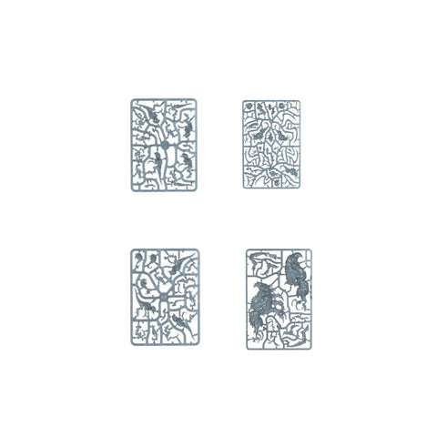 Plastic Warhammer 40,000 miniatures sprues with model parts on a white background