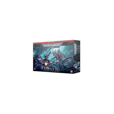 Warhammer 40,000 Starter Set box with sci-fi battle artwork, tabletop game kit