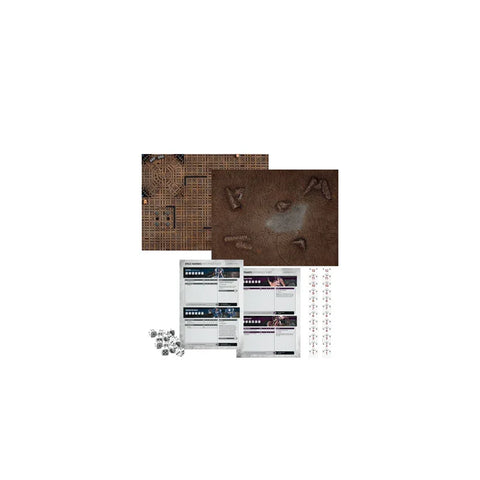 Tabletop game starter set with two game boards, cards, dice, and counters for strategy play
