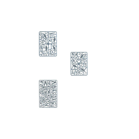 Three plastic model sprues for tabletop miniature figures on a white background
