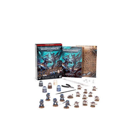 Warhammer 40,000 Introductory Set with painted miniatures, dice, paints, and manuals