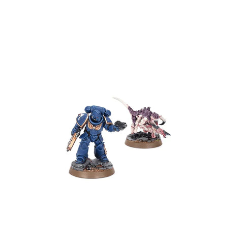 Painted Warhammer 40K miniatures, blue armored space marine and purple alien creature.