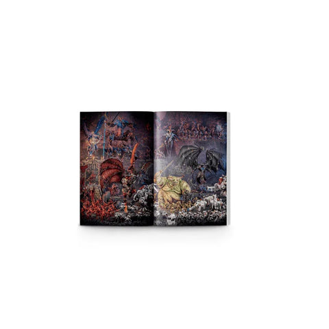 Open Warhammer 40,000 guidebook showing miniature fantasy battle scene art