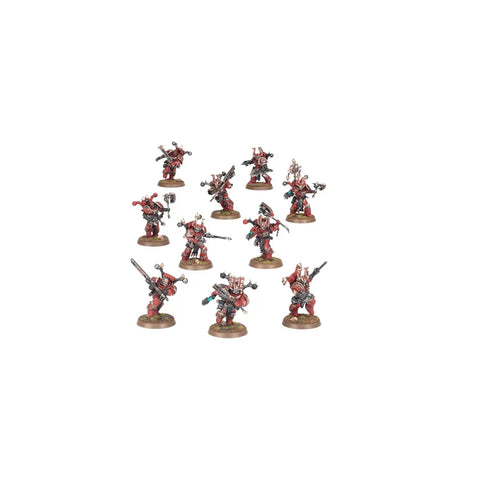 Ten detailed red and black armored miniature figures posed for tabletop wargaming.