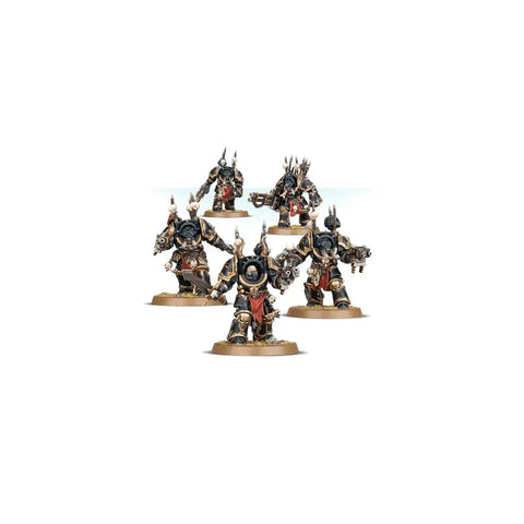 Chaos Space Marines Terminators tabletop miniatures in black and gold armor, five figures displayed