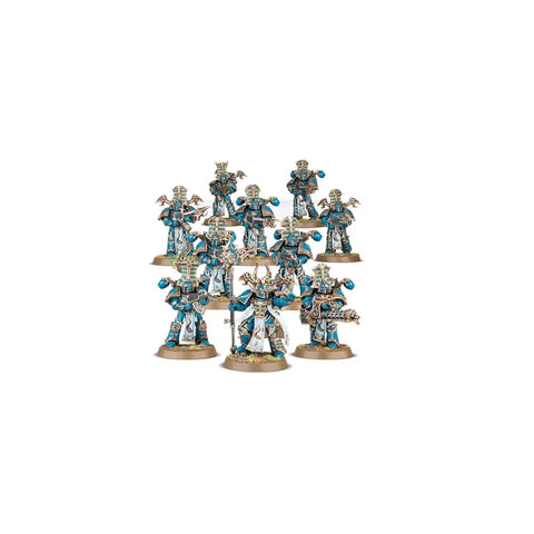 Set of painted Thousand Sons Rubric Marines miniatures in blue and gold armor on display