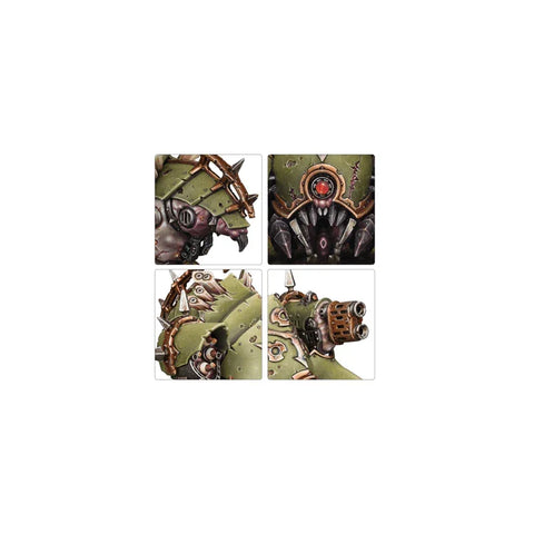 Close-up details of painted Death Guard Myphitic Blight-hauler miniature, armored sci-fi vehicle toy