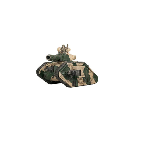 Green and beige miniature battle tank model with turret and soldier for tabletop wargames